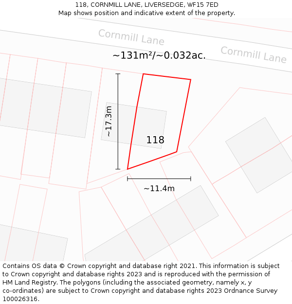 118, CORNMILL LANE, LIVERSEDGE, WF15 7ED: Plot and title map