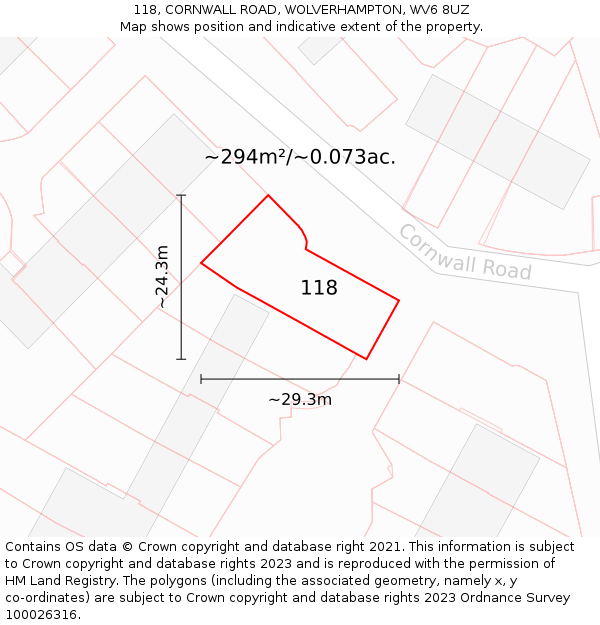 118, CORNWALL ROAD, WOLVERHAMPTON, WV6 8UZ: Plot and title map