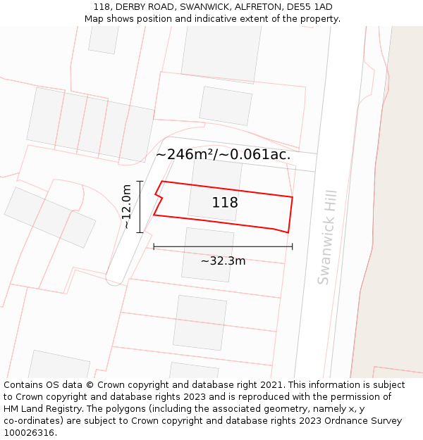 118, DERBY ROAD, SWANWICK, ALFRETON, DE55 1AD: Plot and title map
