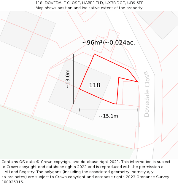 118, DOVEDALE CLOSE, HAREFIELD, UXBRIDGE, UB9 6EE: Plot and title map