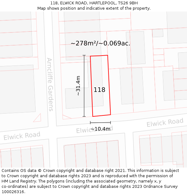 118, ELWICK ROAD, HARTLEPOOL, TS26 9BH: Plot and title map