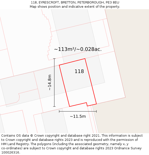 118, EYRESCROFT, BRETTON, PETERBOROUGH, PE3 8EU: Plot and title map
