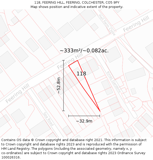 118, FEERING HILL, FEERING, COLCHESTER, CO5 9PY: Plot and title map