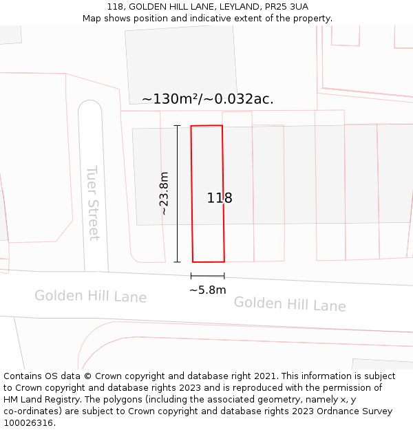 118, GOLDEN HILL LANE, LEYLAND, PR25 3UA: Plot and title map