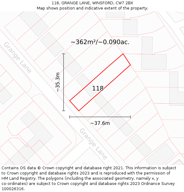 118, GRANGE LANE, WINSFORD, CW7 2BX: Plot and title map