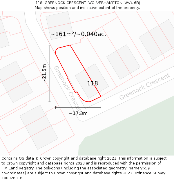 118, GREENOCK CRESCENT, WOLVERHAMPTON, WV4 6BJ: Plot and title map