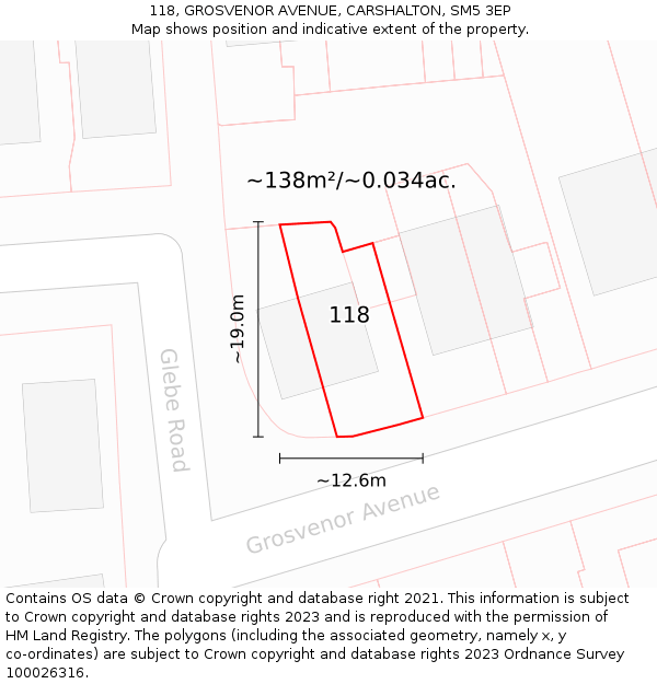 118, GROSVENOR AVENUE, CARSHALTON, SM5 3EP: Plot and title map