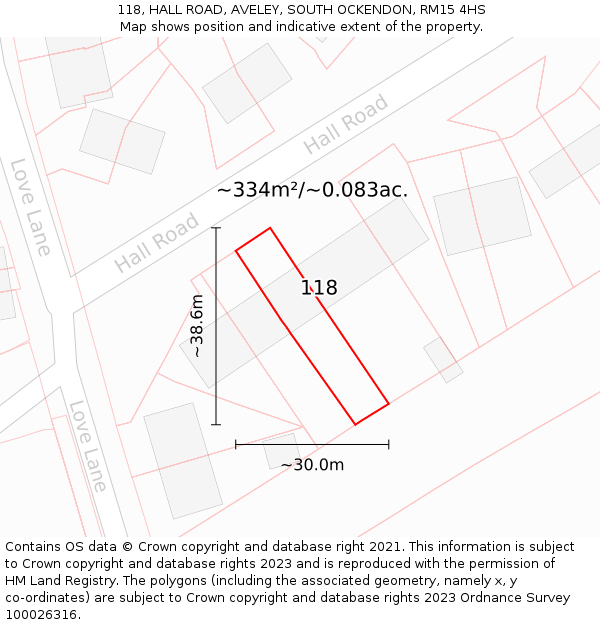 118, HALL ROAD, AVELEY, SOUTH OCKENDON, RM15 4HS: Plot and title map