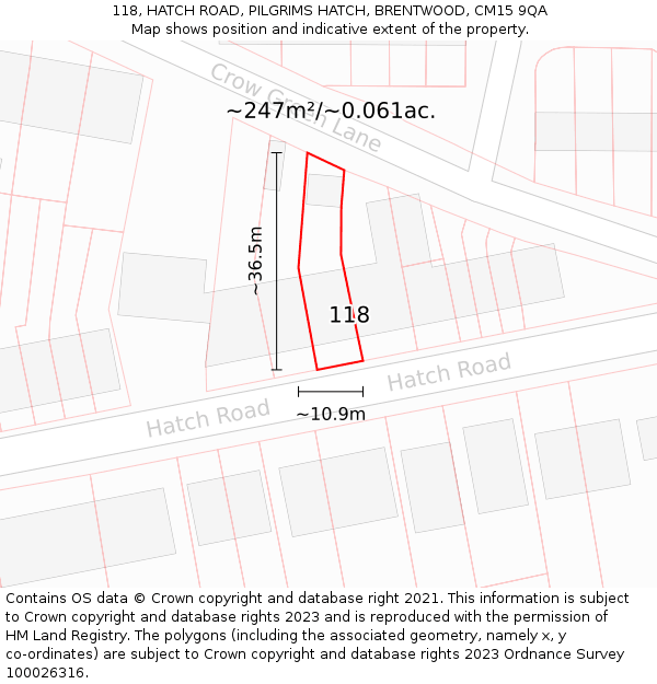118, HATCH ROAD, PILGRIMS HATCH, BRENTWOOD, CM15 9QA: Plot and title map