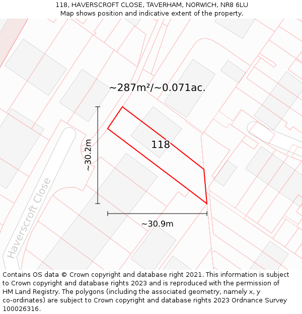 118, HAVERSCROFT CLOSE, TAVERHAM, NORWICH, NR8 6LU: Plot and title map
