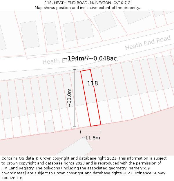 118, HEATH END ROAD, NUNEATON, CV10 7JG: Plot and title map