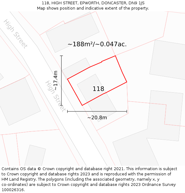 118, HIGH STREET, EPWORTH, DONCASTER, DN9 1JS: Plot and title map