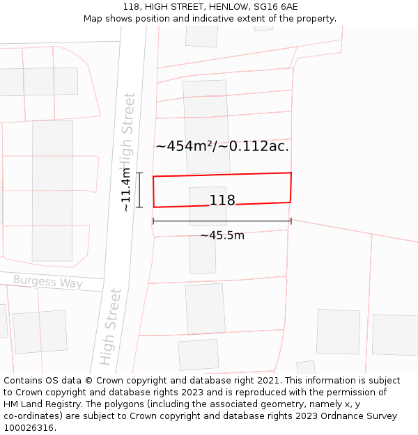 118, HIGH STREET, HENLOW, SG16 6AE: Plot and title map