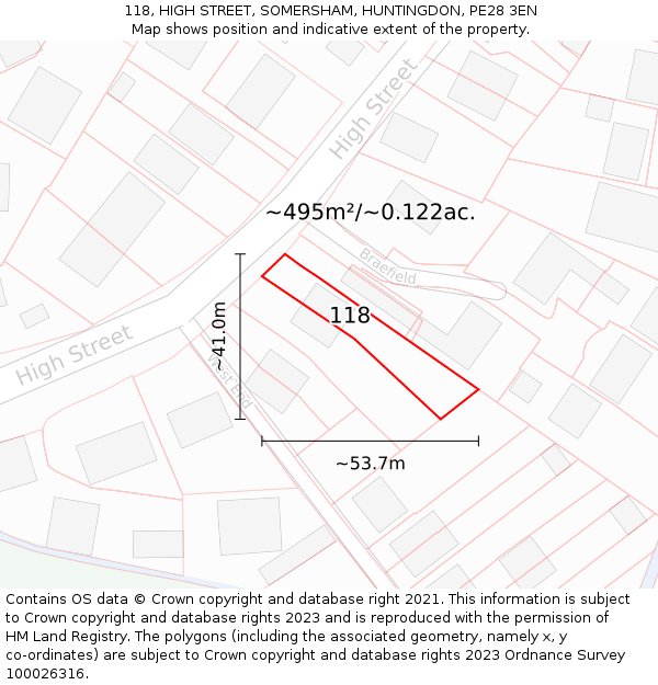 118, HIGH STREET, SOMERSHAM, HUNTINGDON, PE28 3EN: Plot and title map