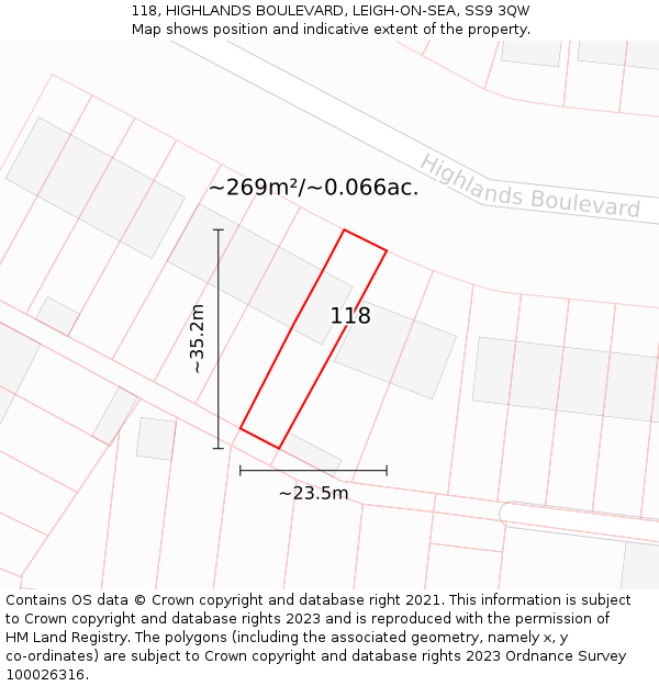 118, HIGHLANDS BOULEVARD, LEIGH-ON-SEA, SS9 3QW: Plot and title map