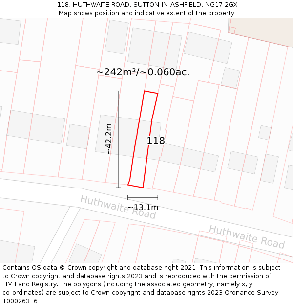 118, HUTHWAITE ROAD, SUTTON-IN-ASHFIELD, NG17 2GX: Plot and title map