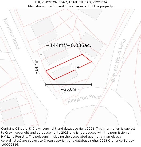 118, KINGSTON ROAD, LEATHERHEAD, KT22 7DA: Plot and title map