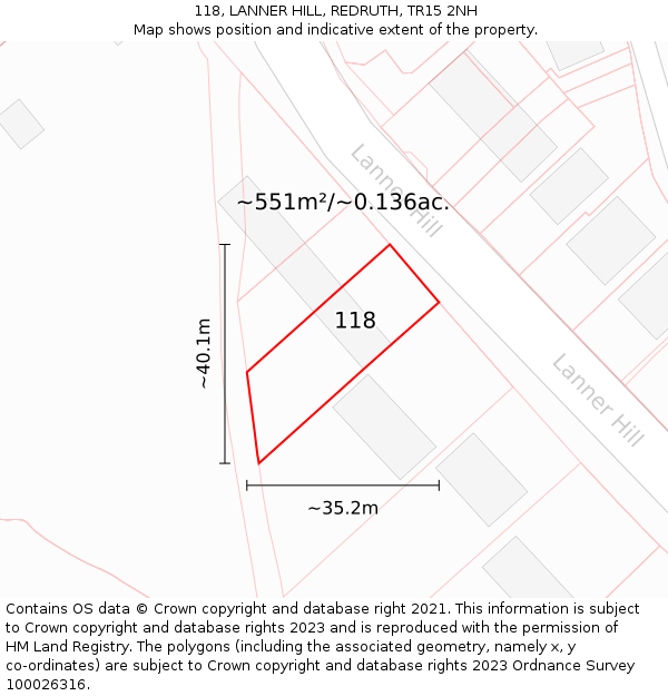 118, LANNER HILL, REDRUTH, TR15 2NH: Plot and title map
