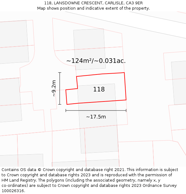 118, LANSDOWNE CRESCENT, CARLISLE, CA3 9ER: Plot and title map
