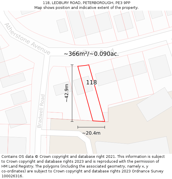 118, LEDBURY ROAD, PETERBOROUGH, PE3 9PP: Plot and title map