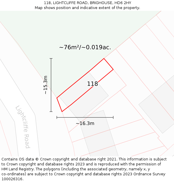 118, LIGHTCLIFFE ROAD, BRIGHOUSE, HD6 2HY: Plot and title map