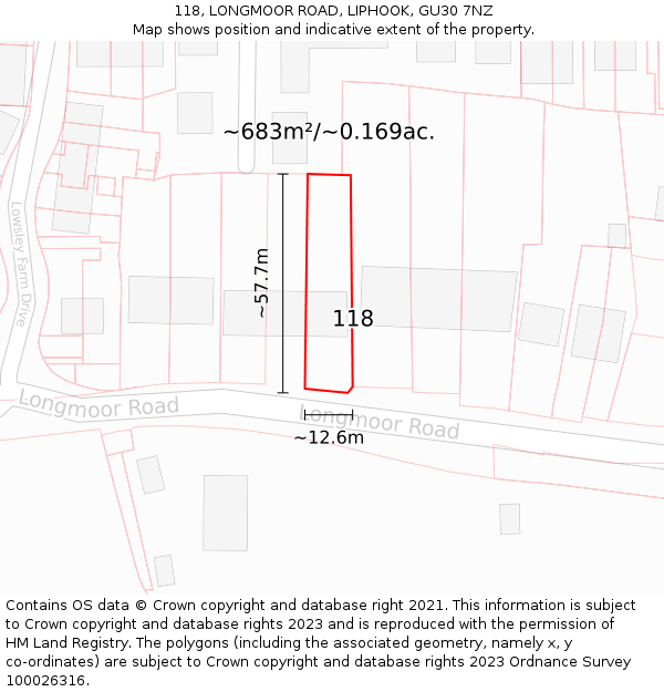 118, LONGMOOR ROAD, LIPHOOK, GU30 7NZ: Plot and title map