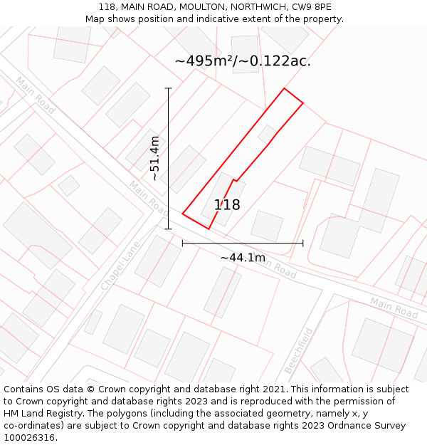 118, MAIN ROAD, MOULTON, NORTHWICH, CW9 8PE: Plot and title map