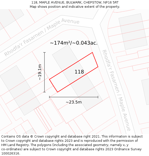 118, MAPLE AVENUE, BULWARK, CHEPSTOW, NP16 5RT: Plot and title map