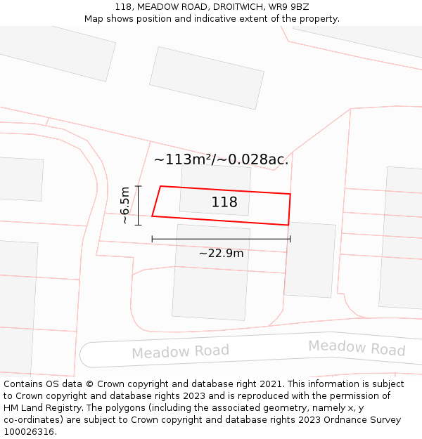 118, MEADOW ROAD, DROITWICH, WR9 9BZ: Plot and title map