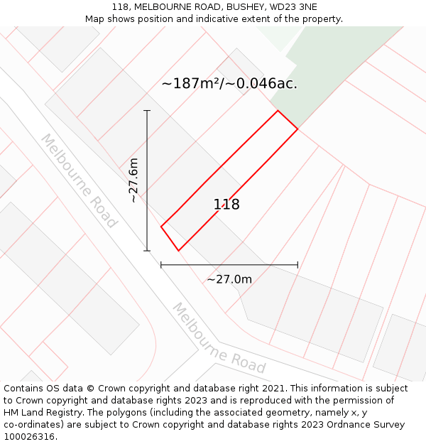 118, MELBOURNE ROAD, BUSHEY, WD23 3NE: Plot and title map
