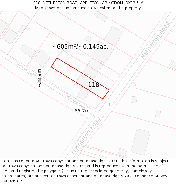118, NETHERTON ROAD, APPLETON, ABINGDON, OX13 5LA: Plot and title map