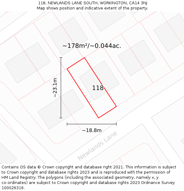 118, NEWLANDS LANE SOUTH, WORKINGTON, CA14 3NJ: Plot and title map