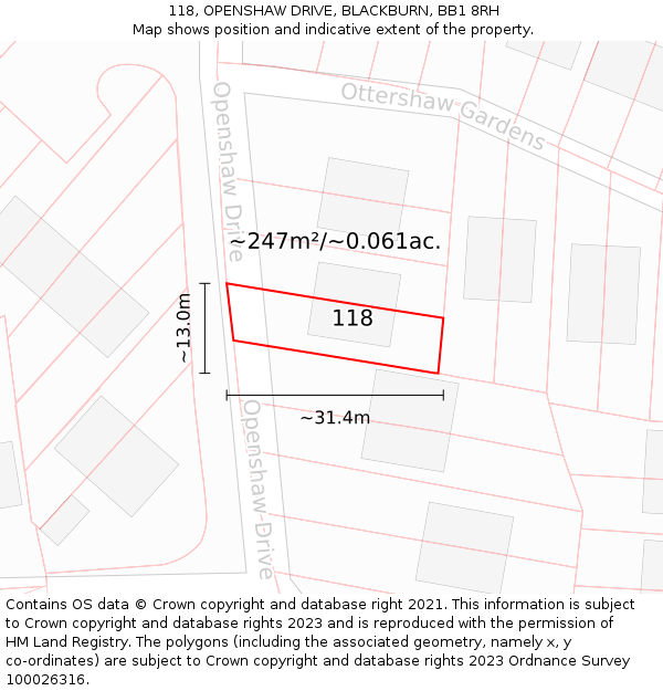 118, OPENSHAW DRIVE, BLACKBURN, BB1 8RH: Plot and title map