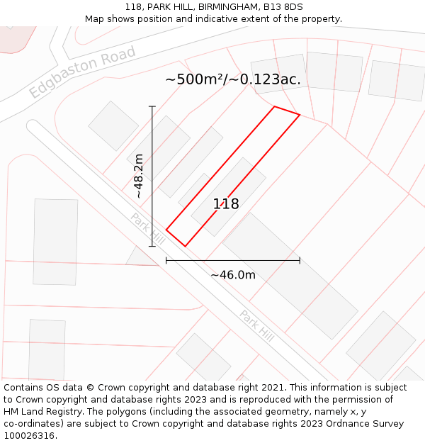 118, PARK HILL, BIRMINGHAM, B13 8DS: Plot and title map