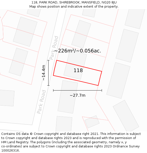 118, PARK ROAD, SHIREBROOK, MANSFIELD, NG20 8JU: Plot and title map