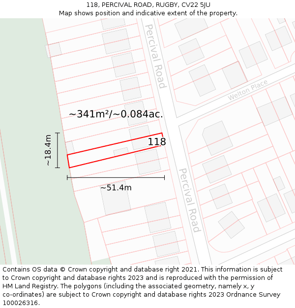 118, PERCIVAL ROAD, RUGBY, CV22 5JU: Plot and title map