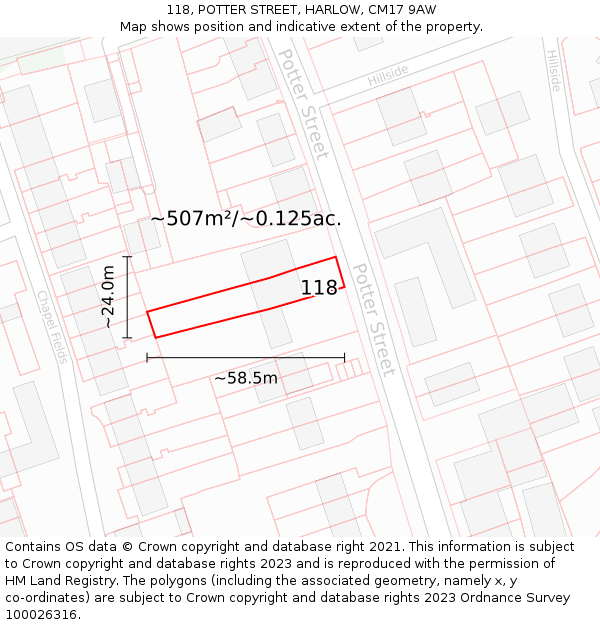 118, POTTER STREET, HARLOW, CM17 9AW: Plot and title map