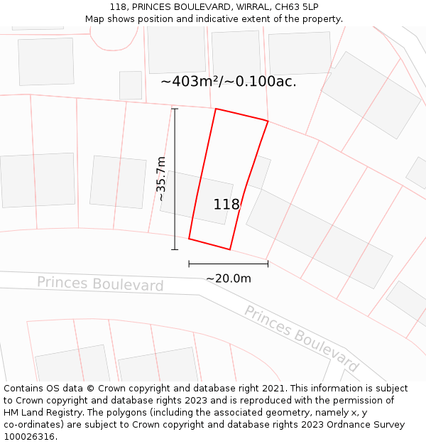 118, PRINCES BOULEVARD, WIRRAL, CH63 5LP: Plot and title map