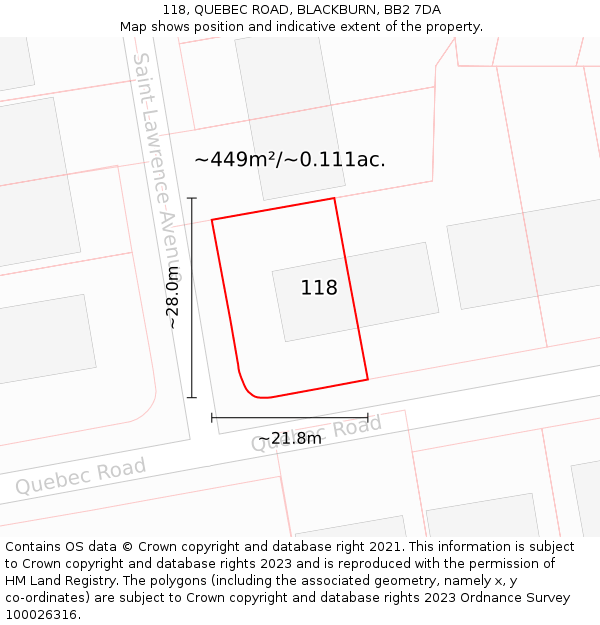 118, QUEBEC ROAD, BLACKBURN, BB2 7DA: Plot and title map