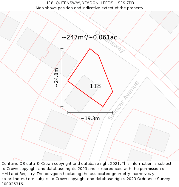 118, QUEENSWAY, YEADON, LEEDS, LS19 7PB: Plot and title map