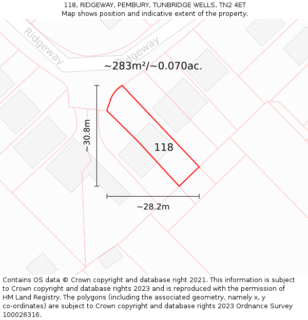 118, RIDGEWAY, PEMBURY, TUNBRIDGE WELLS, TN2 4ET: Plot and title map