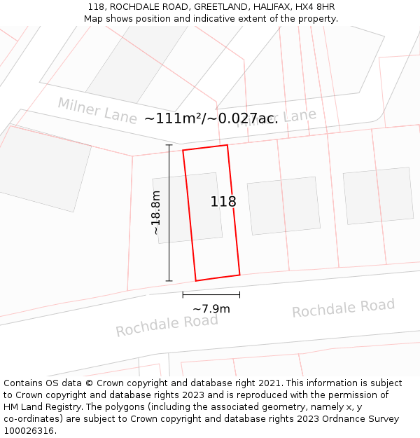 118, ROCHDALE ROAD, GREETLAND, HALIFAX, HX4 8HR: Plot and title map