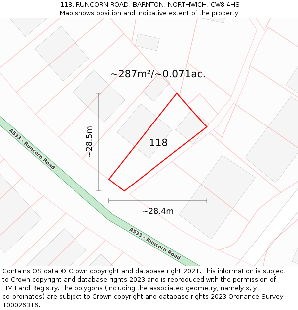 118, RUNCORN ROAD, BARNTON, NORTHWICH, CW8 4HS: Plot and title map