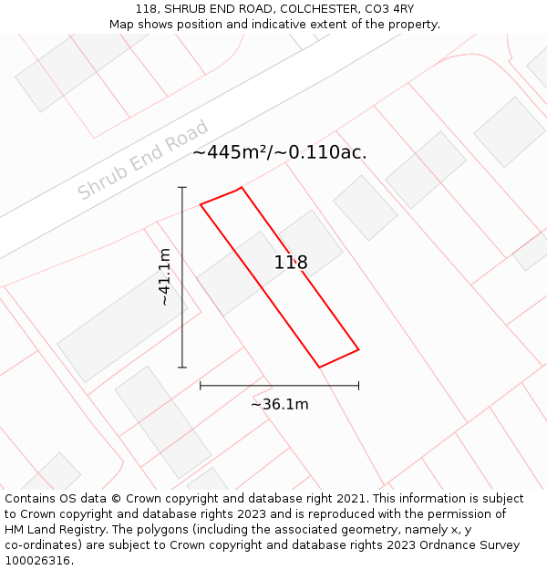 118, SHRUB END ROAD, COLCHESTER, CO3 4RY: Plot and title map