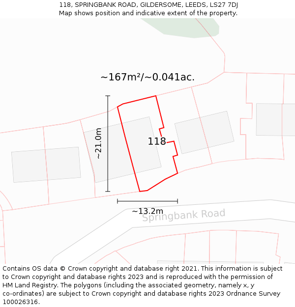 118, SPRINGBANK ROAD, GILDERSOME, LEEDS, LS27 7DJ: Plot and title map