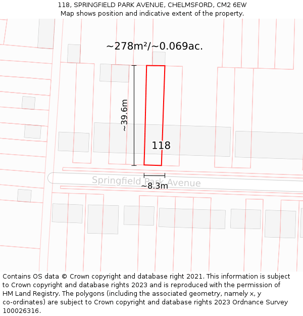 118, SPRINGFIELD PARK AVENUE, CHELMSFORD, CM2 6EW: Plot and title map