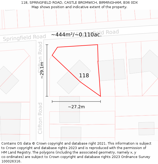 118, SPRINGFIELD ROAD, CASTLE BROMWICH, BIRMINGHAM, B36 0DX: Plot and title map
