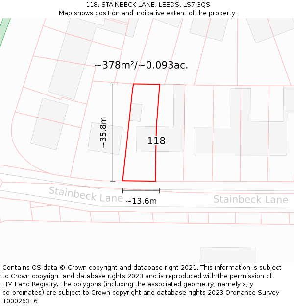 118, STAINBECK LANE, LEEDS, LS7 3QS: Plot and title map