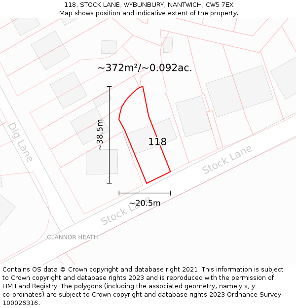 118, STOCK LANE, WYBUNBURY, NANTWICH, CW5 7EX: Plot and title map