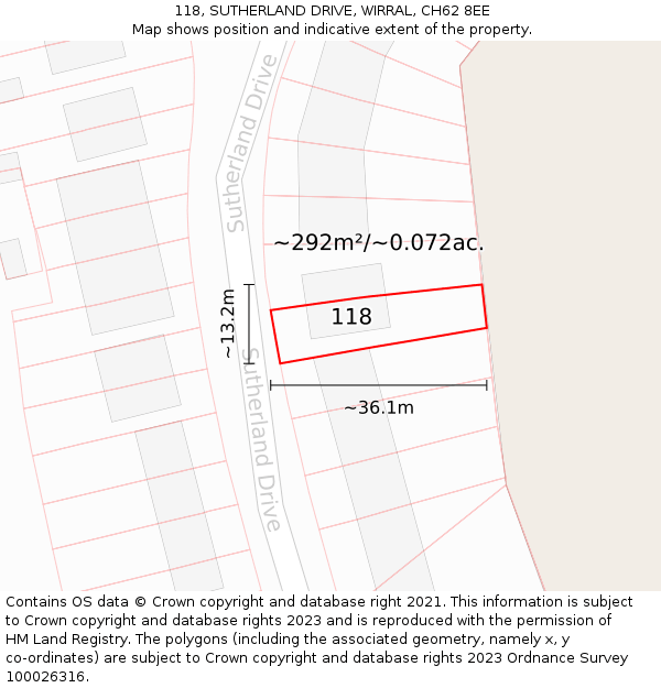118, SUTHERLAND DRIVE, WIRRAL, CH62 8EE: Plot and title map
